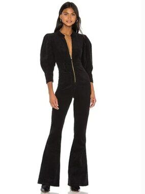 WeWoreWhat Black Corduroy Puff Sleeve Zip Flare 70s Jumpsuit XS